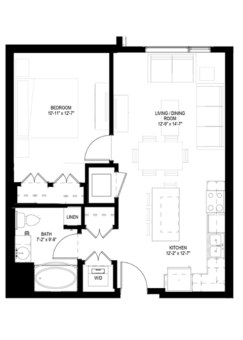 Floor plan for 1 bed, 1 bath, 706 sqft